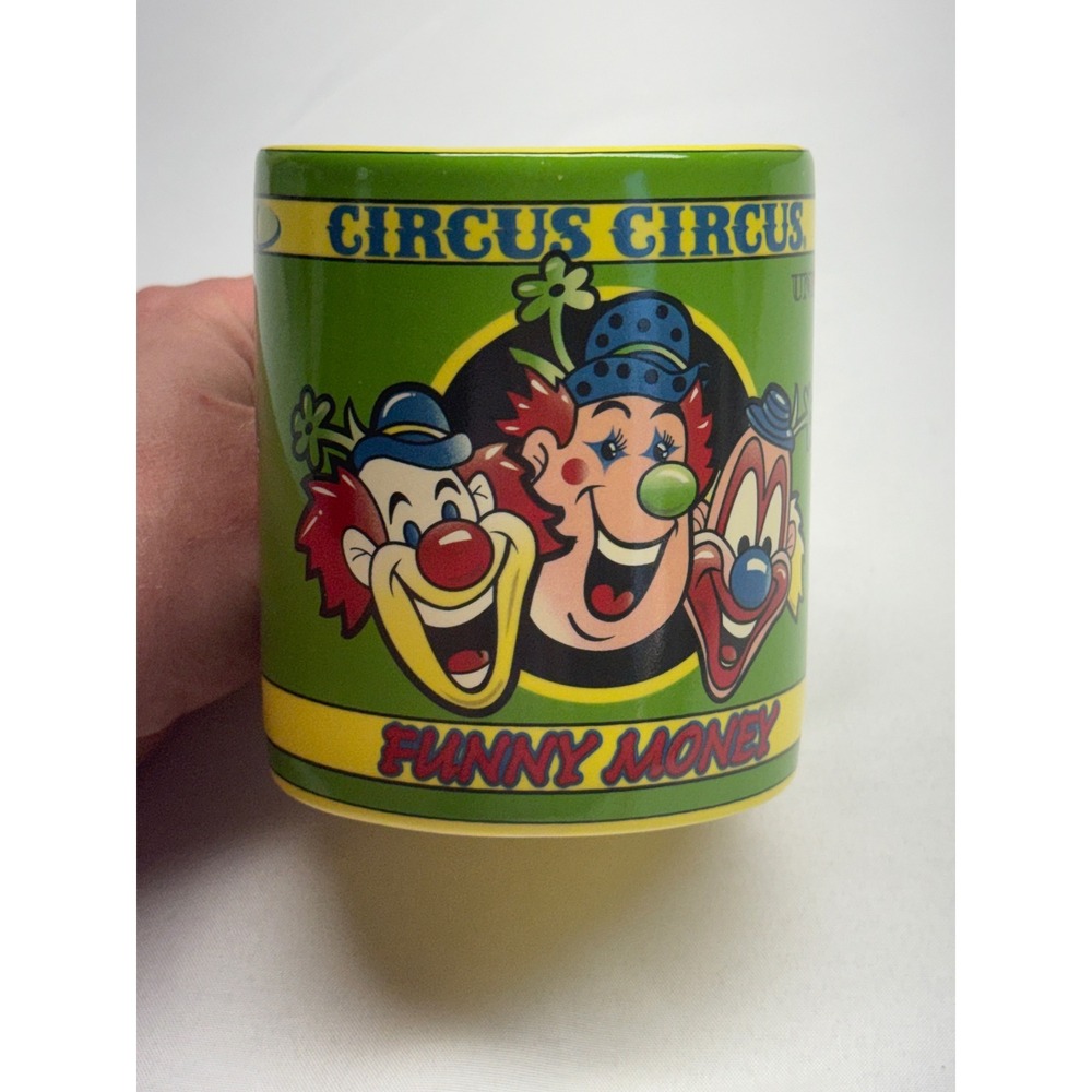 Circus Circus Las Vegas Funny Money Clown Souvenir Mug Green Yellow Ceramic
